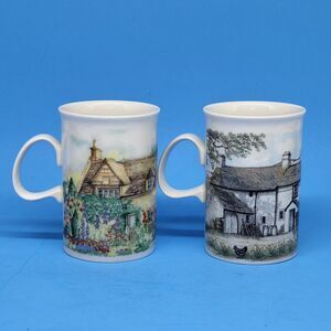 Dunoon By Richard Partis Set Of 2 Bone China Mugs Depicting English Farmhouses